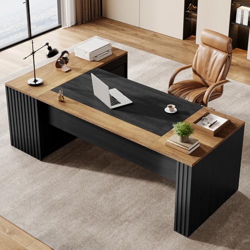 Tribesigns 78" L Shaped Executive Desk with Drawers, Large Office Computer Desk with Cabinet and Storage Shelves, Modern Business Furniture Sets Workstation for Home Office (Brown&Black) - color: Brown&black