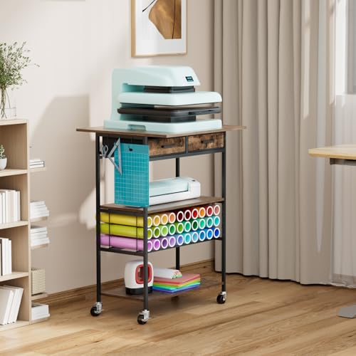 Homsorout Movable Heat Press Table with Drawer & Hooks, 23.6''×19.6'' - style: Black and Brown