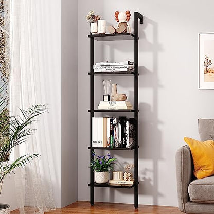 YMYNY 5 Tiers Narrow Ladder Bookcase, Industrial Wall Mounted Bookshelf, Open Display Rack with Metal Frame, Wooden Storage Shelves for Bedroom, Home Office, Living Room, Black, 70*17.3*11.8"UHBC015B - color: Black