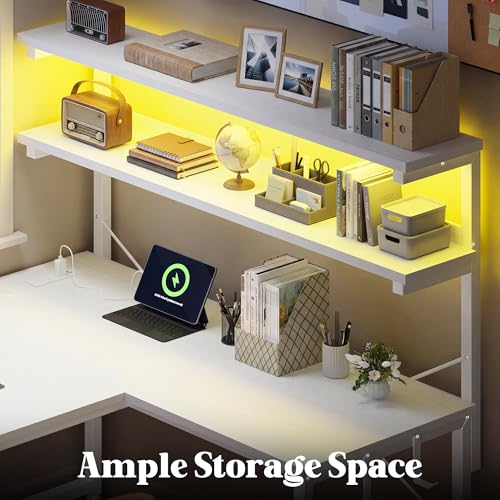 DurayLoly White L Shaped Desk with LED Light & 5 Power Outlet for Gaming | 41 Vivid Lighting Modes LED of Gaming Desk; Built-In Charging Hub (3 AC+2 USB) Charges 5 Devices to Tidy Gaming Station,White - color: White, size: 43Inch