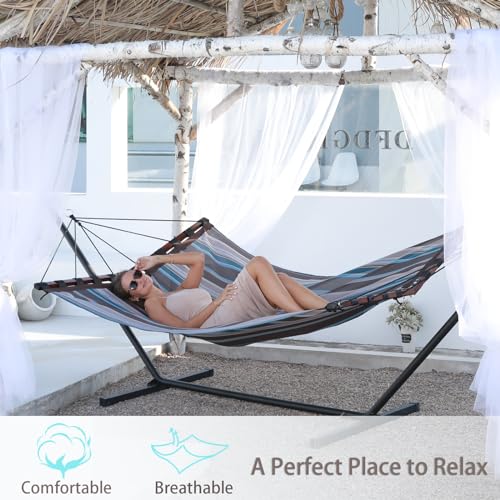 TegerDeger 12FT 2 Person Hammock with V Shaped Spreader Bar -Brown Stripes - color: Brown Stripes