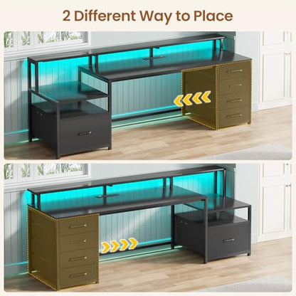SEDETA Computer Desk with 5 Drawer, Power Outlet, Led Lights, Black - color: Black With Led Lights, size: 67X18.5inch
