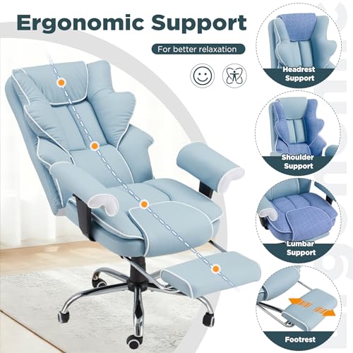 Ergonomic Executive Office Chair with 6-Point Vibration & Heat - Reclining Managerial Chair with Adjustable Footrest and Armrests,Big and Tall Leather Home Office Desk Chairs(Airy Blue) - color: Airy Blue