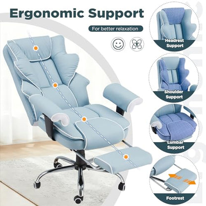 Ergonomic Executive Office Chair with 6-Point Vibration & Heat - Reclining Managerial Chair with Adjustable Footrest and Armrests,Big and Tall Leather Home Office Desk Chairs(Airy Blue) - color: Airy Blue