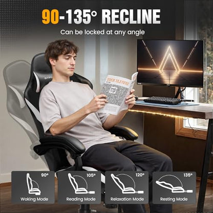 GTPLAYER Gaming Chair with Foot Rest & Pocket Spring Cushion, Ergonomic High Back Computer Chair with Headrest & 360°-Swivel Seat for Home Office Desk, PU Leather, White/Black - color: White-black, size: Faux Leather