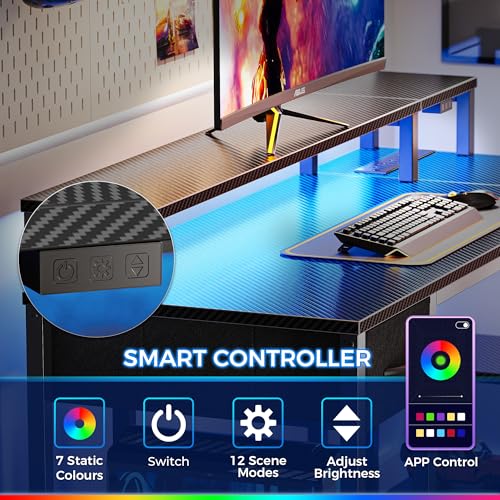 SUPERJARE 53 inch Reversible L Shaped Desk with LED Lights & Power Outlets, Computer Desk with Shelves & Monitor Stand, Gaming Desk with Drawer, Home Office Desk, Carbon Fiber Black - color: Carbon Fiber Black, size: 53 inch