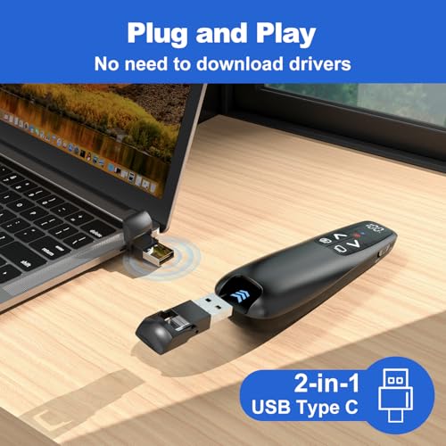 Presentation Clicker & Case, Power Display Wireless Presenter Remote | 2‑in‑1 USB/Type C Receiver, Rechargeable Red Light Pointer Computer PowerPoint PPT Clickers for Mac/Windows - style: Red Light & Power Display