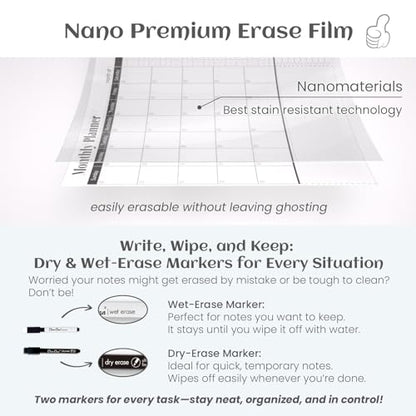 Multi-Functional Dual-Layer Dry Erase Desk Mat, Dry Erase Calendar for Desk - Erasable Desktop Writing Board with Calendar - Non-Slip Faux Leather Desk Protector for Home&Office - 16"x34" Black - color: Black