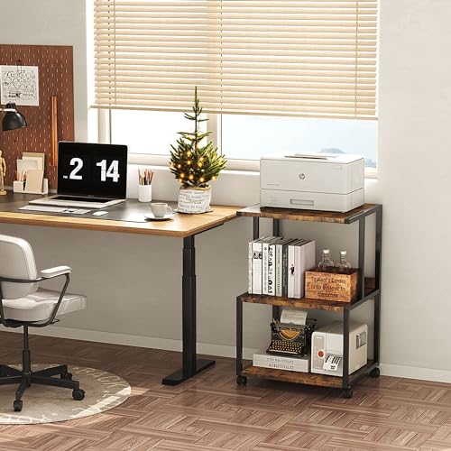 Mexin Printer Stand-Small 3 Tier Printer Table with Wheels, Industrial Rolling Printer Cart with Storage Shelf for Scanner Fax Home Office Use,17.5 x 11.8 Inches, Rustic Brown