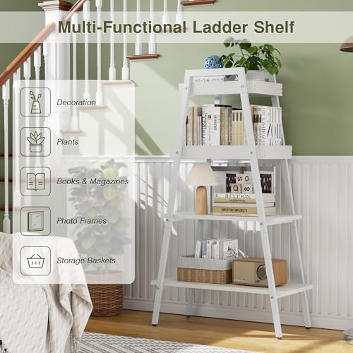 VECELO Ladder Shelf, 4-Tier Bookshelf with Enclosed Edges Design, Wooden Storage Rack Freestanding Bookcase for Living Room Home Office, White