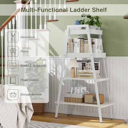 VECELO Ladder Shelf, 4-Tier Bookshelf with Enclosed Edges Design, Wooden Storage Rack Freestanding Bookcase for Living Room Home Office, White