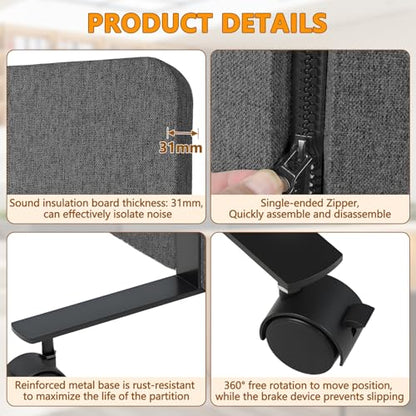 Soundproof Room Divider with Wheels, 66in Acoustic Room Divider Panel, 3 Panel Office Partition Wall for Noise Cancelling, Portable Temporary Wall Cubicle Divider (Dark Gray) - color: Dark Gray