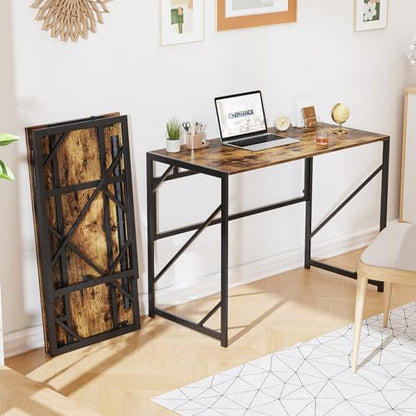 Elephance Folding Desk Writing Computer Desk for Home Office No-Assembly - color: Rustic Brown, size: 39.4 Inch
