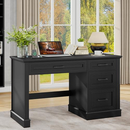 Vabches Farmhouse 47" Executive Desk with Charging Station, Pure Black. | Computer Desk with Drawers, Workstation Computer Desk with File Drawer for Home Office,Study. - color: Pure Black