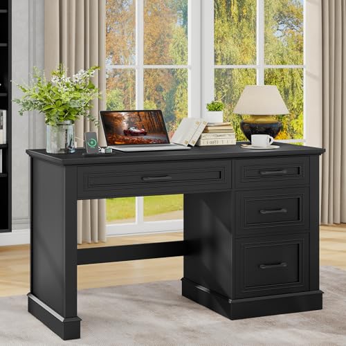 Vabches Farmhouse 47" Executive Desk with Charging Station, Pure Black. | Computer Desk with Drawers, Workstation Computer Desk with File Drawer for Home Office,Study. - color: Pure Black