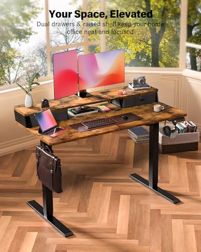 FiCiHi 55x24 Inch Electric Standing Desk, 2 Drawers, Adjustable Height Desk - color: Rustic Brown, size: 55"x24" (Standard)