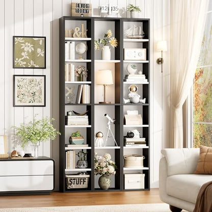 FOTOSOK Bookshelf Bookcase 8-Tier Narrow Bookshelf Tall CD Media Tower Rack | 11.6 X 9.3 X 70.9 Bookshelf, Tall Narrow Slim Skinny Display Bookcase with Cube Storage and 4 Adjustable Shelves, Black/White - color: White/Black
