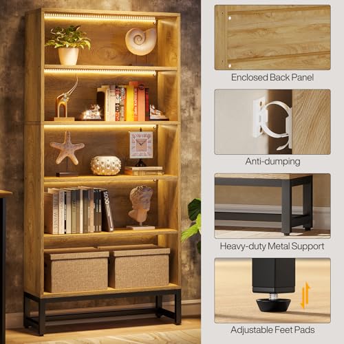 Tribesigns Tall Bookcase and Bookshelf, 70.8" Large Bookcases Organizer with LED Lights, Heavy Duty Free-Standing Library Bookshelf with 5-Tier Storage Shelves for Living Room, Bedroom (Brown) - color: Brown