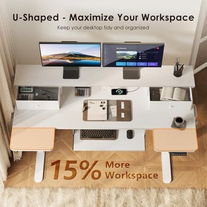 55 Inch U Shape Standing Desk with Keyboard Tray & Drawers, White | Power Outlet, Dual-Monitor Stand, LED Light, 3 Presets, 28.3"-46.5"in Range, 154 lb Capacity - color: White With Drawers, size: 55 Inch
