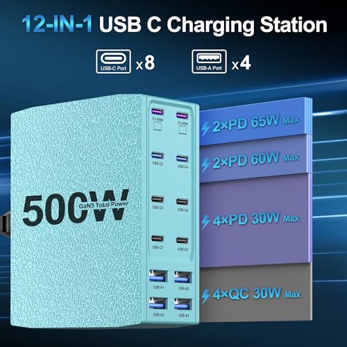500W USB C Charger Block, 12-Port USB C Charging Station for Multiple Devices, Leather Texture Dual PD 65W Laptop Fast Charger Compatible with MacBook Pro/Air, iPad, iPhone,Galaxy and More,Green - color: Green, size: 5 feet