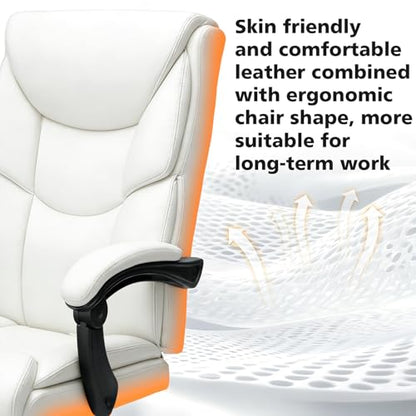 WAILOR 400lbs Office Chair with Foot Rest, Reclining Big and Tall Office Chair with Lumbar Support, High Back PU Leather Computer Chair,Comfy Desk Chair for Home Office (Casual) (White) - color: White