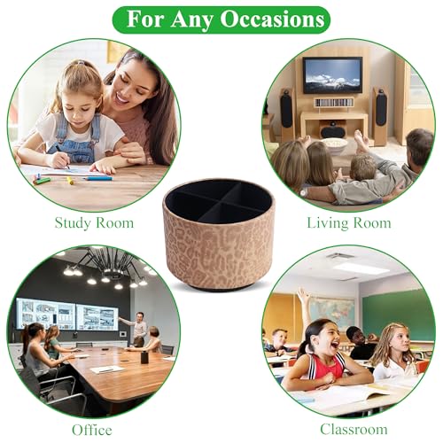 Round Leather Art Supply Organizer,Remote Control Holder,360 Degree Rotating,Multi-Functional Pencil Holder,4 Compartments Desktop Stationary Organizer(1-Leopard Brown) - color: 1-Leopard Brown