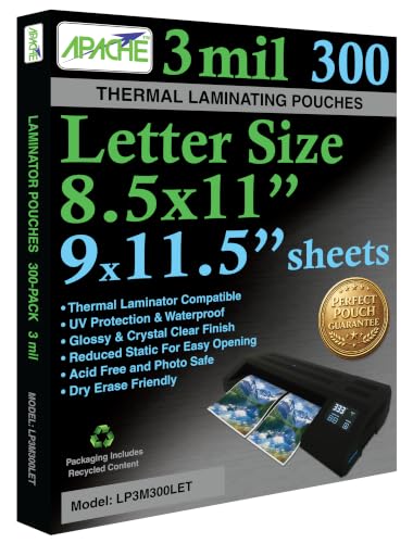 Apache Letter Size Laminating Pouches, 3 Mil, 300 Pack, Holds 8.5 x 11 Inch Projects (9 x 11.5 Inch Pouch Size), Thermal Laminator Compatible Laminating Sheets, Super Clear, Round Corners - size: 300 Pack, style: Letter