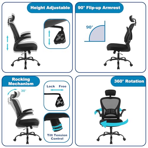 Youhauchair Adjustable Mesh Ergonomic Office Chair with Wheels, Black | Flip-up Arm, Lumbar Support, Height Adjustable, Breathable, Rocking, Mid Back Swivel Compurter Chair with Headrest, Set of 1 - color: Black, style: With Headrest