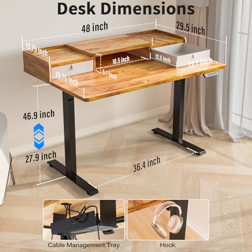 Kingant Standing Desk with Dual Drawers,Electric Height Adjustable 48"x 30" | Built-in USB A&C Charging ports Large Workstation, Heavy-Duty Sit Stand Up Desk For Home Office Daily Work,Light Rustic Brown - color: Light Rustic Brown, size: 48" x 30"