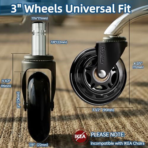 HOSALI 3 Inch Office Chair Wheels - Rubber Chair Casters Replacement, Heavy-Duty Computer Gaming Desk Caster Wheel Smooth & Safe Rolling for All Floors Including Hardwood and Carpet, Set of 5 - style: Modern-Black
