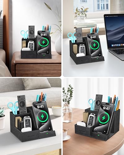 Wireless Charger with Desk Organizer, 3 Compartments and 1 Phone Stand - color: PU Black