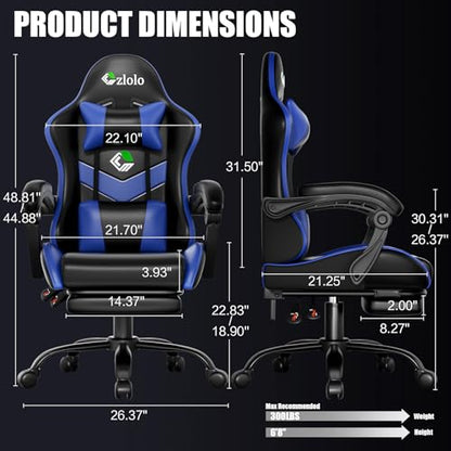 Czlolo Gaming Chair with Footrest Racing Style Lumbar Support Massager Video Game Chair with Metal Legs, High Back Gamer Chair with Headrest, 360° Swivel Office Computer Desk Chair, Navy Blue - color: Navy Blue