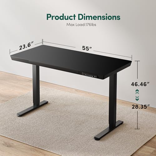 FEZIBO 55 × 24 Electric Standing Desk with Drawers, Whole-Piece Glass Adjustable Height Desk, One-Piece Quick Install Adjustable Sit Stand Desk, Black - color: Black, size: 55 inch