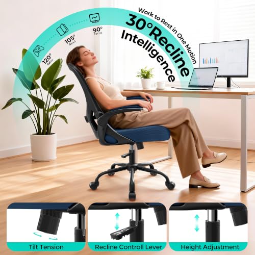 AreShark Office Chair - Ergonomic Breathable Mesh Desk Chair with Adjustable Lumbar Support and Flip-up Armrests - Executive High Back Rolling Swivel Comfortable Computer Gaming Chair for Home Office - color: Navy