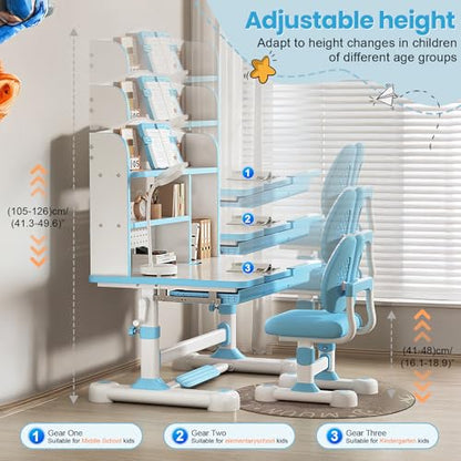 Kid Study Desk and Chair Set 3-12 Height Adjustable Ergonomic Desk | School Art Desk, 50° Tiltable Desktop, Easy-Turn Crank, Storage Drawer & Built-in Bookstand for Children Boys & Girls - color: 013-blue-31.5in
