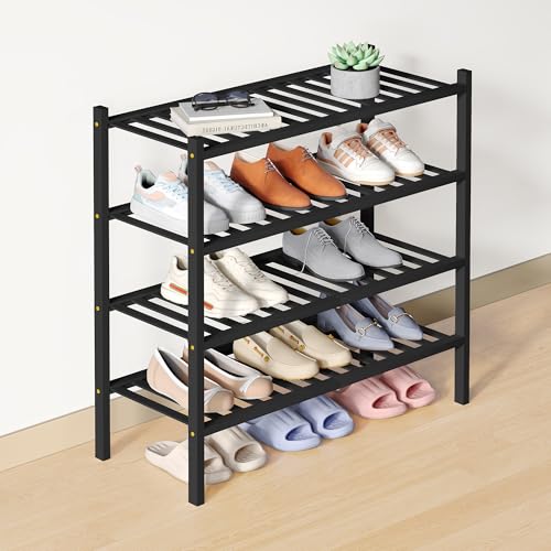 Smiry Bamboo Shoe Rack for Closet, 4 Tier - 26.77" Wide, Black | Stackable Wooden Shoe Organizer, Wood Shoe Storage Shelf for Entryway, 14 Vertical Slats, Reinforced Legs - color: Black, size: 4 Tier - 26.77" Wide