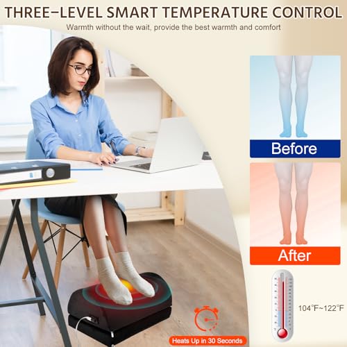 Heated Foot Rest Under Desk Footrest at Work, Foot Warmer Foot Stool with Double Layer Adjustable Height and Washable Cover, Handle Desk Foot Rest with Office Desk Accessories (Black)