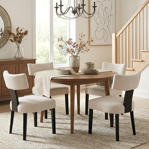 HNY Mid Century Modern Farmhouse Dining Chairs Set of 2, Linen Upholstered Accent Chair Curved Backrest Kitchen Chairs, with Black Hardwood Frame, Beige - color: Curved Black