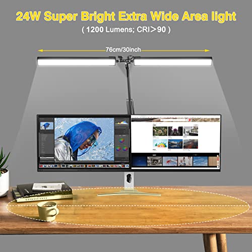2-in-1 LED Double Head Desk Lamps for Home Office,24W Brightest Workbench Light,Eye-care Architect Desk Lamp with Clamp Base,3 Colors 10 Dimming Swing Arm Computer Desktop Light for Reading/Study