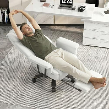 GYI 160 Reclining Office Chair with Footrest, Big & Tall Desk Chair, White | Cross Legged Seat, High Back, Faux Leather, Heavy Duty Base, Adjustable Height, for Home, Executive - color: White