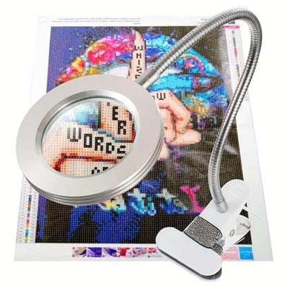 Diamond Painting Tool with Magnifying Glass + Lighting, Clip-On 5V USB LED Magnifier - 3 Color Modes, 10 Brightness Levels, Hands-Free 10x Magnifying Lamp with Flexible 14.9" Gooseneck
