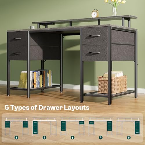 Huuger 55 inch Computer Desk with Power Outlets & 4 Drawers - color: Grey, size: 55 Inch