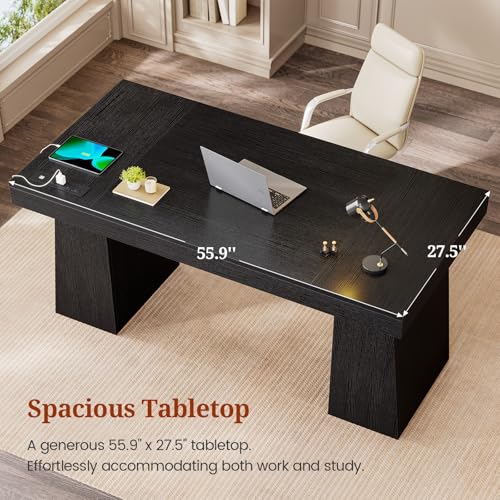 UPOSOJA 55.9" Executive Desk with Storage & Power Outlets, Home Office Desk - color: Black, size: 55.9in Cabinet