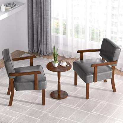 FAGAGA Accent Chairs Set of 2, 2 Solid Wood Armchairs with Side Table | Faux Leather Chair with Soft Thicken Cushion, Comfy Reading Chair for Bedroom, Waiting Room, Home Office, Easy Assembly - color: Faux Leather Gray, size: Set of 2 with table