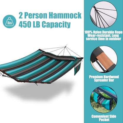 TegerDeger 12FT 2 Person Hammock with V Shaped Spreader Bar -Teal Stripes - color: Teal Stripes