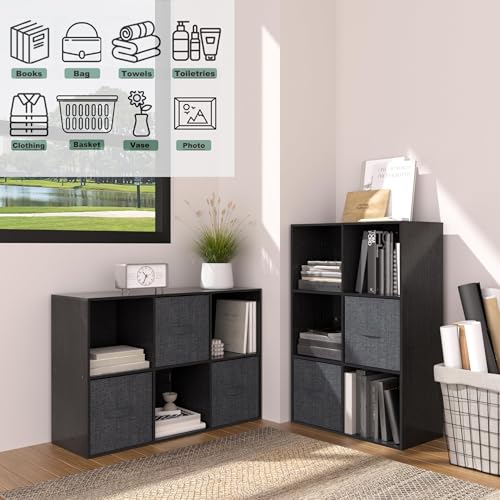 6 Cube Bookshelf with Closed Back Panel, 13.5-inch Wooden Cubby Shelves Heavy Duty - Bookcase for Living Room, Home, Office (Black) - color: Black, size: 6 Cube-13in