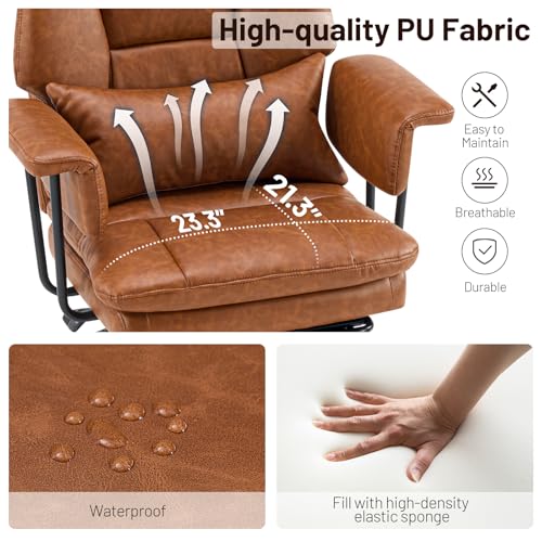 Big and Tall Office Chair, PU Leather High Back Executive Office Chair with Adjustable Lumbar Support, Gaming Chair with Padded Arm and Pillow, Height Adjustment, Footrest, Brown - color: Brown-1
