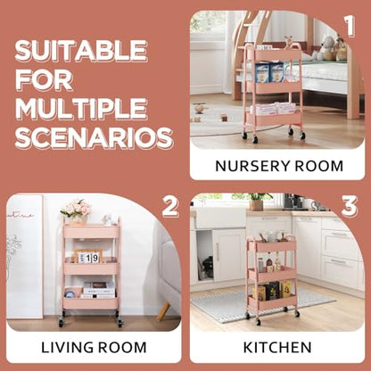 AGTEK 3 Tier Utility Rolling Cart with Lockable Wheels, Metal Multifunctional Storage, Organizer Cart for Kitchen, Office, Living Room, Makeup, Craft, Art Studio, Millennial Pink - color: Millennial Pink