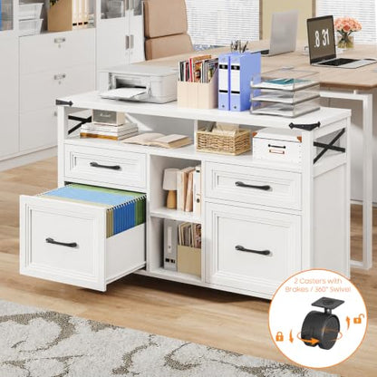 Halitaa Farmhouse Filing Cabinet with Adjustable Shelf & Wheels, White - color: Cream White, size: 4 Drawers&Wheels