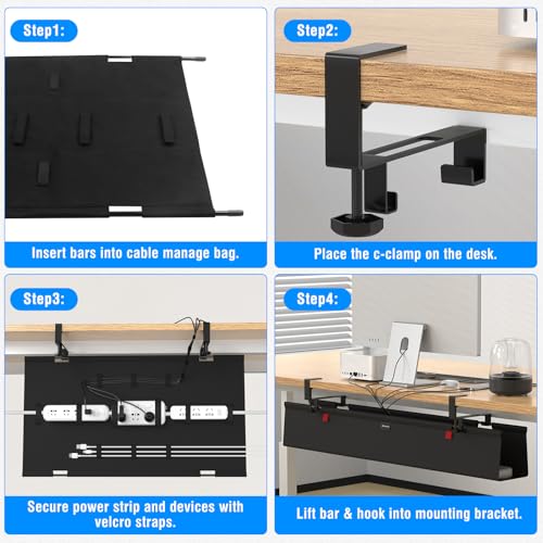 No Drill Under Desk Cable Management Tray, 28" Cord Management Tray with Cable Loop, Upgraded Oxford Fabric Wire Management for Standing Desk - No Damage to Table - size: 28 inch